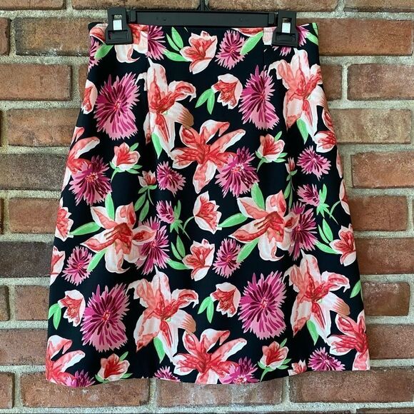 Black, Pink, and Green Vibrant Floral Print A-Line Skirt w/ Zipper and Elastic - Picture 1 of 7